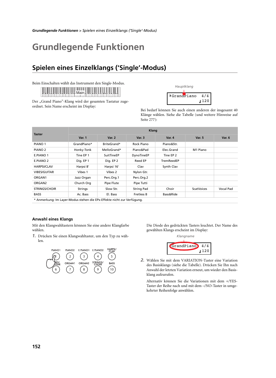 Grundlegende funktionen, Spielen eines einzelklangs (‘single’-modus), Anwahl eines klangs | Siehe seite 152 | KORG C-520 User Manual | Page 154 / 298