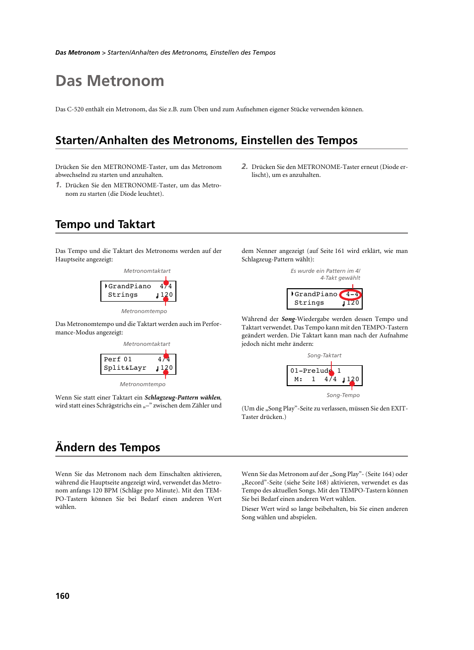 Das metronom, Tempo und taktart, Ändern des tempos | Seite 160), Nen. siehe seite 160 | KORG C-520 User Manual | Page 162 / 298