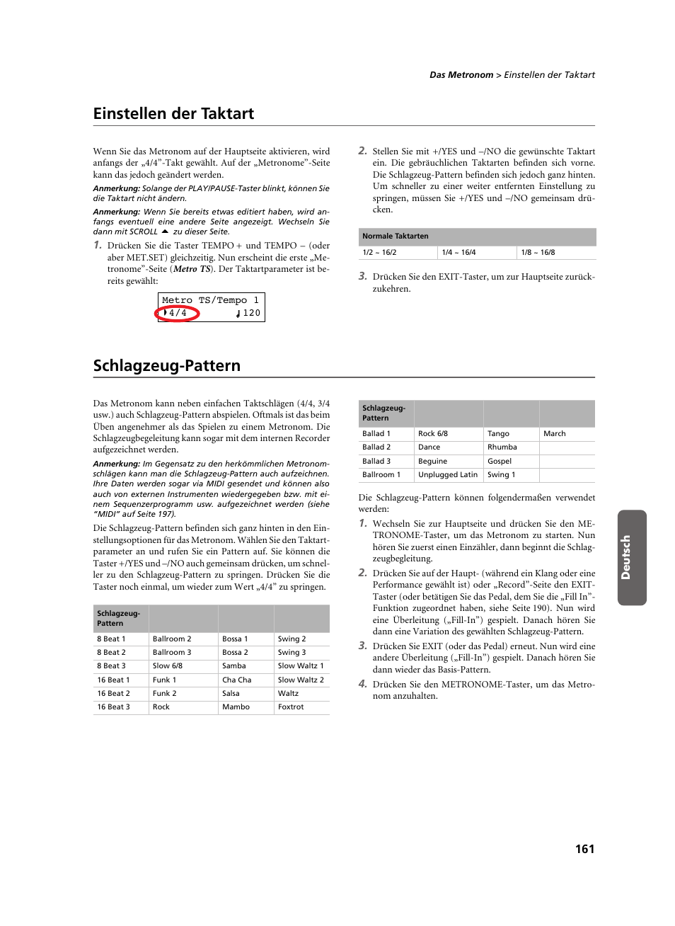 Einstellen der taktart, Schlagzeug-pattern, Einstellen der taktart schlagzeug-pattern | Seite 161, seite 171) | KORG C-520 User Manual | Page 163 / 298