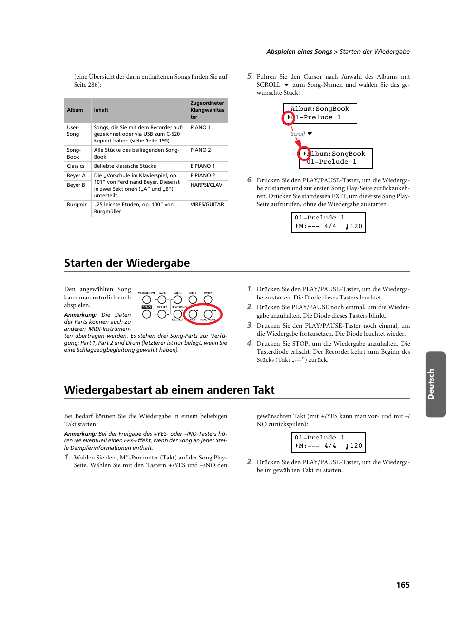 Starten der wiedergabe, Wiedergabestart ab einem anderen takt | KORG C-520 User Manual | Page 167 / 298