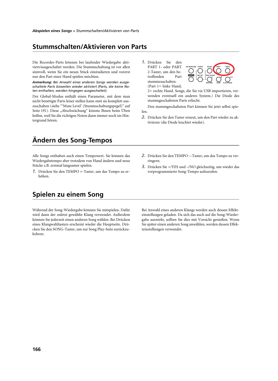 Stummschalten/aktivieren von parts, Ändern des song-tempos, Spielen zu einem song | KORG C-520 User Manual | Page 168 / 298