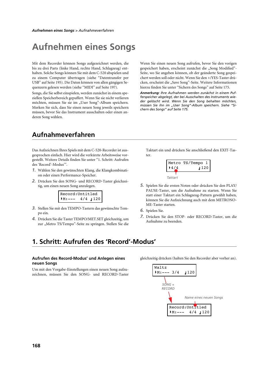 Aufnehmen eines songs, Aufnahmeverfahren, Schritt: aufrufen des ‘record’-modus | KORG C-520 User Manual | Page 170 / 298