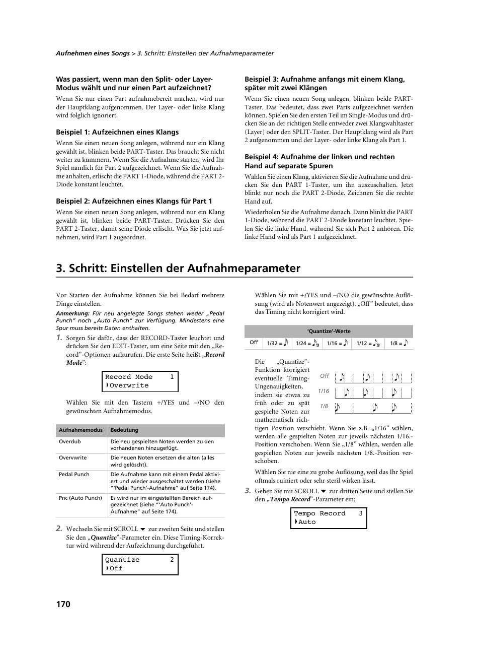 Beispiel 1: aufzeichnen eines klangs, Beispiel 2: aufzeichnen eines klangs für part 1, Schritt: einstellen der aufnahmeparameter | KORG C-520 User Manual | Page 172 / 298