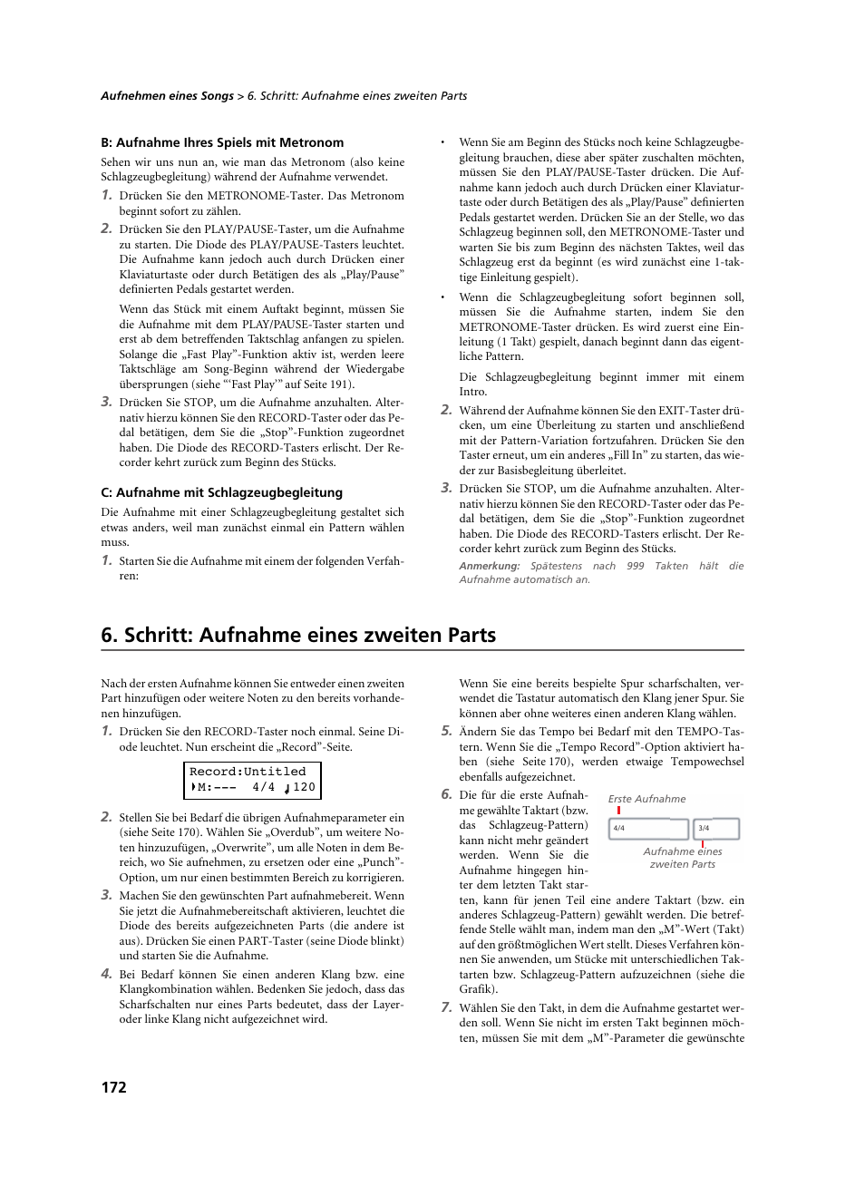 B: aufnahme ihres spiels mit metronom, C: aufnahme mit schlagzeugbegleitung, Schritt: aufnahme eines zweiten parts | KORG C-520 User Manual | Page 174 / 298