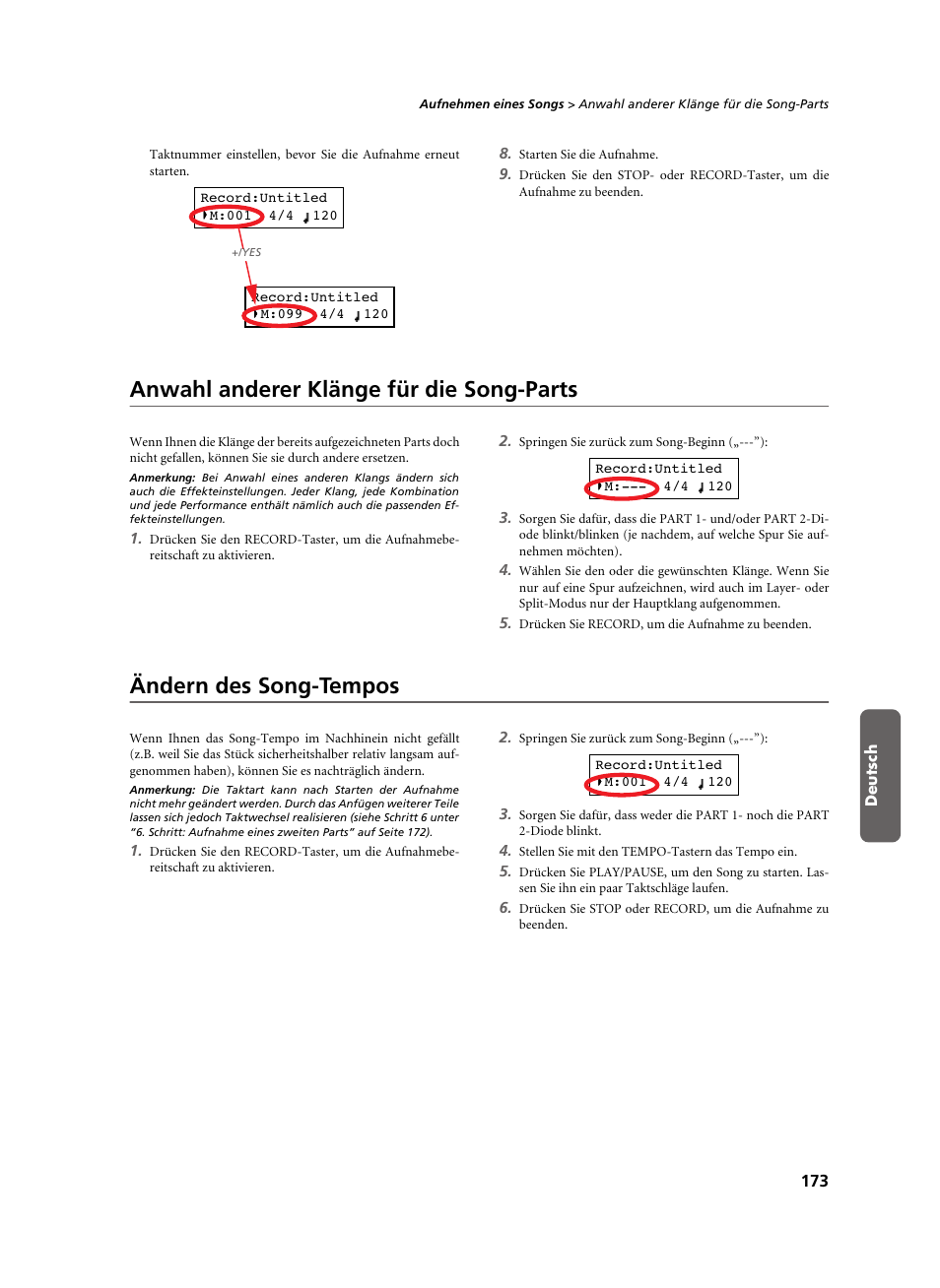 Anwahl anderer klänge für die song-parts, Ändern des song-tempos | KORG C-520 User Manual | Page 175 / 298