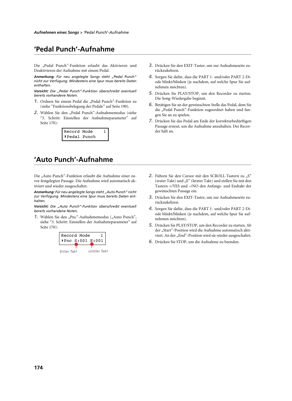 Pedal punch’-aufnahme, Auto punch’-aufnahme, Pedal punch’-aufnahme ‘auto punch’-aufnahme | KORG C-520 User Manual | Page 176 / 298