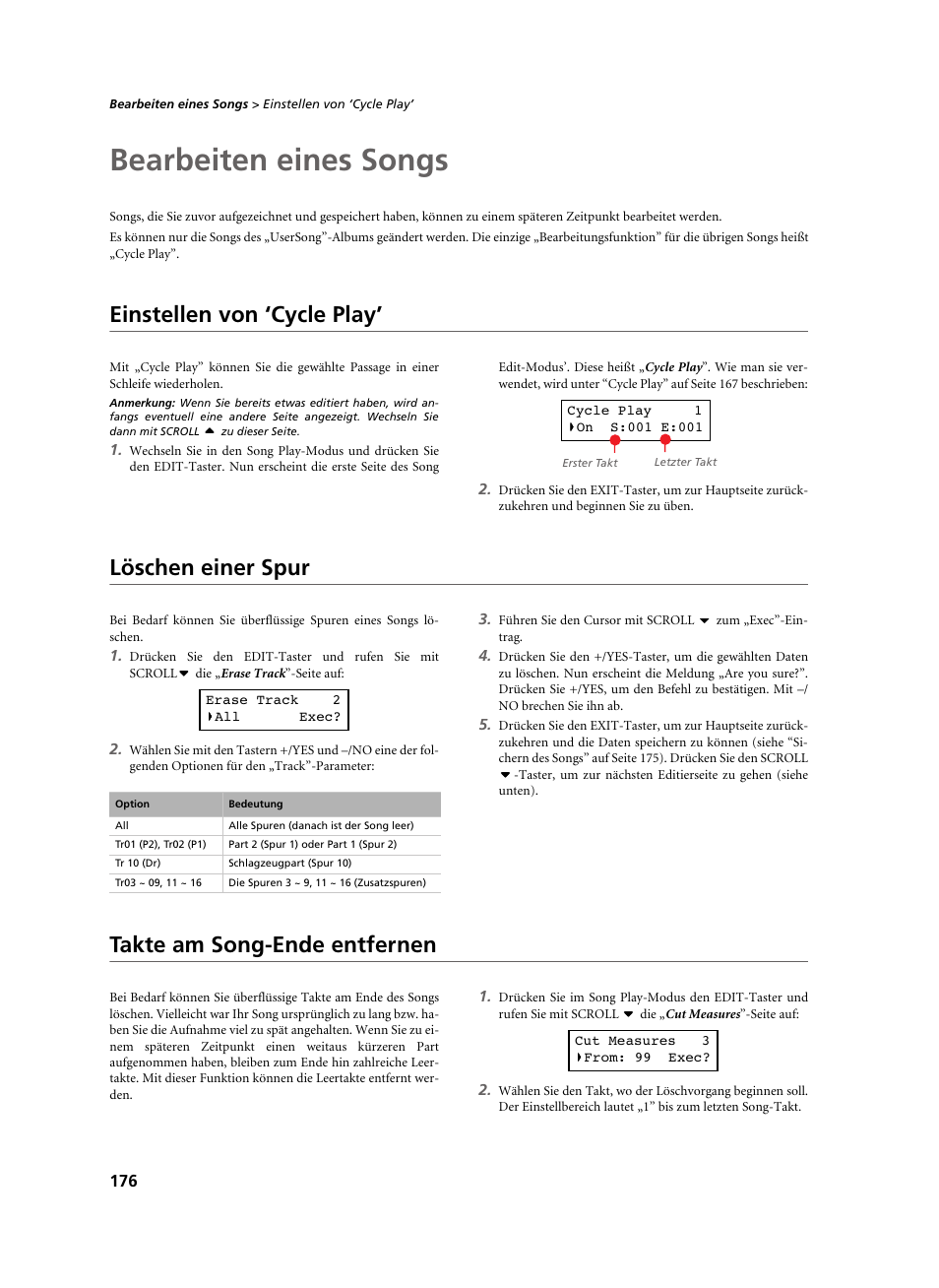 Bearbeiten eines songs, Einstellen von ‘cycle play, Löschen einer spur | Takte am song-ende entfernen, Song” (seite | KORG C-520 User Manual | Page 178 / 298