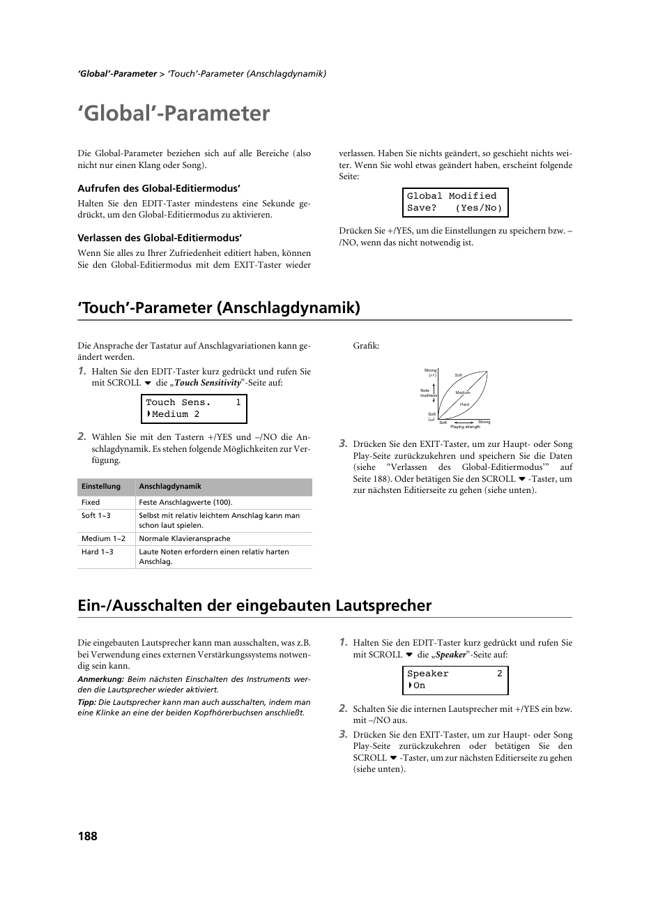 Global’-parameter, Aufrufen des global-editiermodus, Verlassen des global-editiermodus | Touch’-parameter (anschlagdynamik), Ein-/ausschalten der eingebauten lautsprecher, Seite 188). den glo | KORG C-520 User Manual | Page 190 / 298