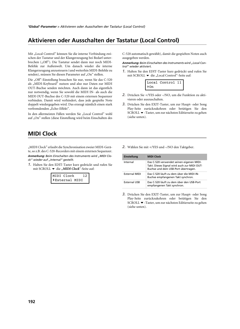 Midi clock | KORG C-520 User Manual | Page 194 / 298