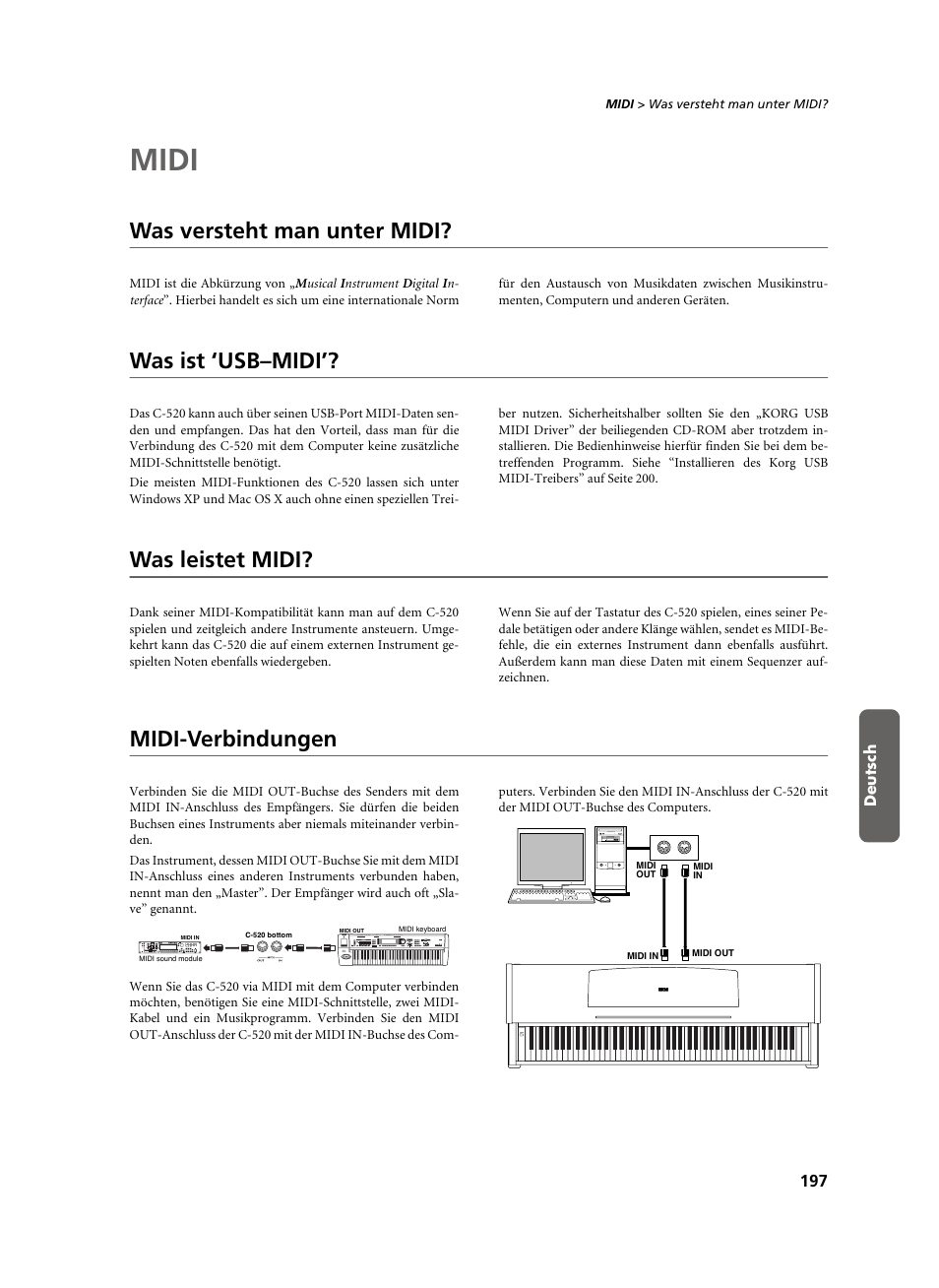 Midi, Was versteht man unter midi, Was ist ‘usb–midi | Was leistet midi, Midi-verbindungen | KORG C-520 User Manual | Page 199 / 298