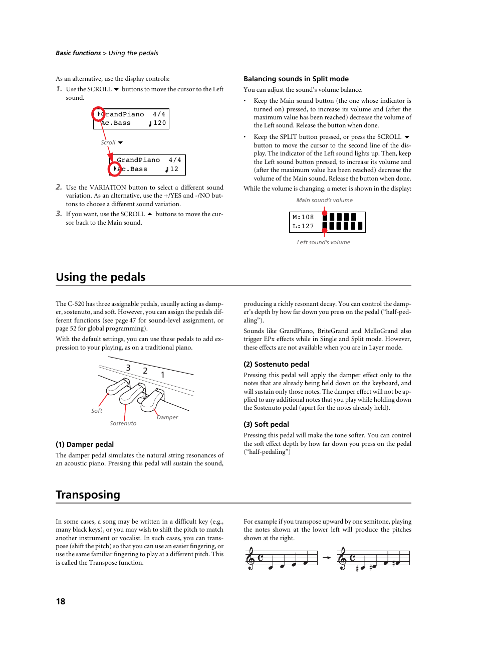 Balancing sounds in split mode, Using the pedals, 1) damper pedal | 2) sostenuto pedal, 3) soft pedal, Transposing, Using the pedals transposing | KORG C-520 User Manual | Page 20 / 298