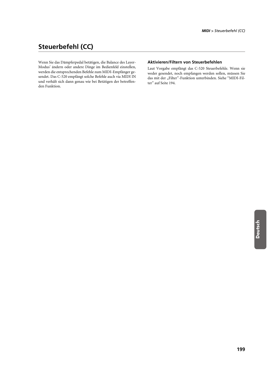 Steuerbefehl (cc), Aktivieren/filtern von steuerbefehlen | KORG C-520 User Manual | Page 201 / 298