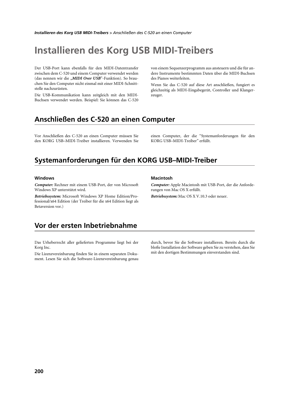 Installieren des korg usb midi-treibers, Anschließen des c520 an einen computer, Systemanforderungen für den korg usb–midi-treiber | Windows, Macintosh, Vor der ersten inbetriebnahme, Anschließen des c-520 an einen computer | KORG C-520 User Manual | Page 202 / 298