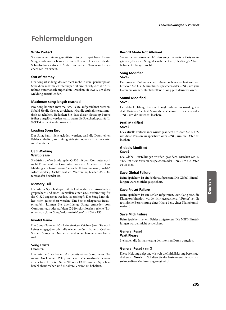 Fehlermeldungen, Write protect, Out of memoy | Maximum song length reached, Loading song error, Usb working wait please, Memory full, Invalid name, Song exists execute, Record mode not allowed | KORG C-520 User Manual | Page 207 / 298