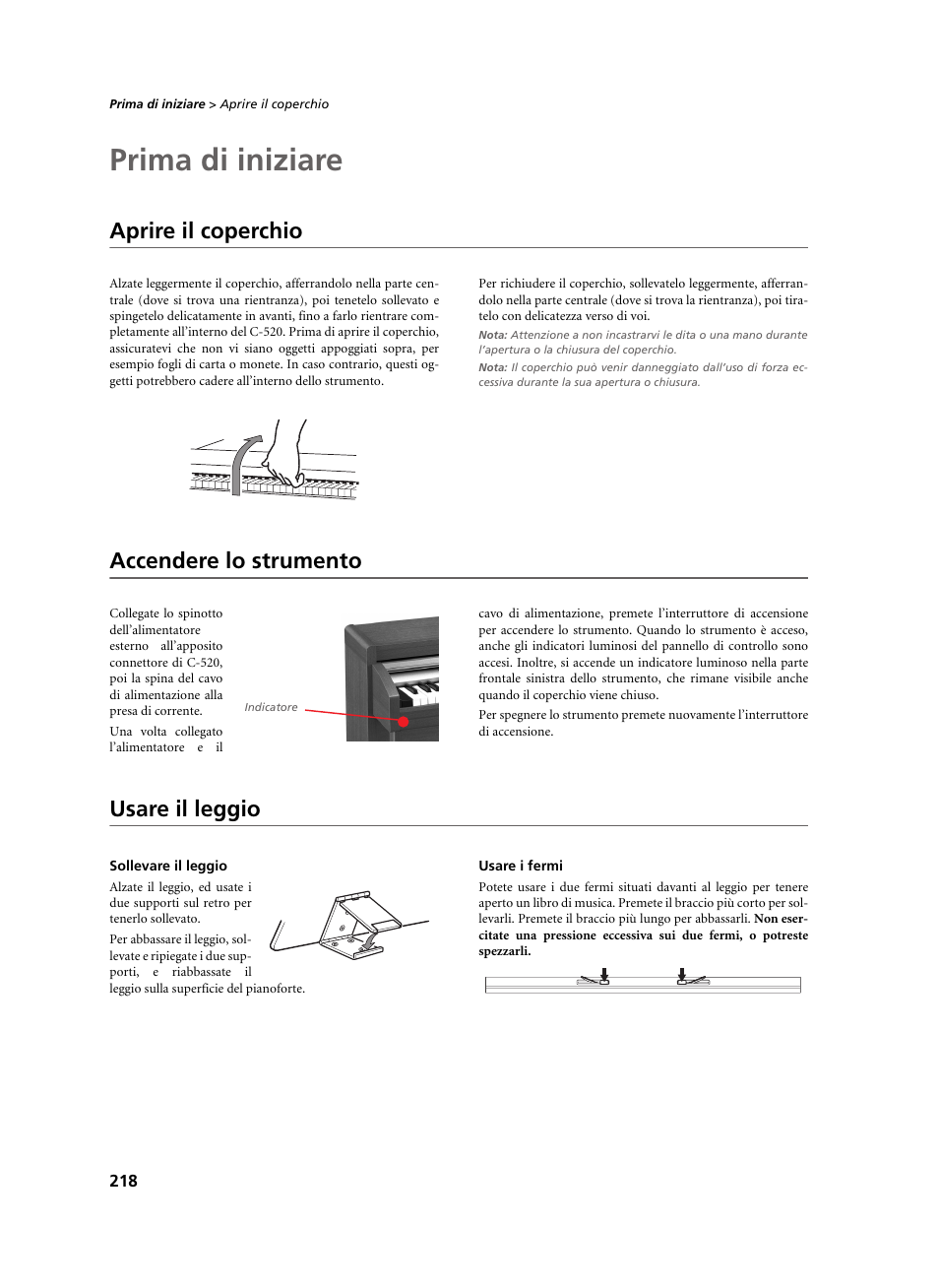 Prima di iniziare, Aprire il coperchio, Accendere lo strumento | Usare il leggio, Sollevare il leggio, Usare i fermi | KORG C-520 User Manual | Page 220 / 298