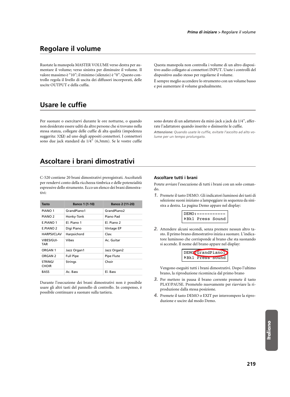Regolare il volume, Usare le cuffie, Ascoltare i brani dimostrativi | Ascoltare tutti i brani | KORG C-520 User Manual | Page 221 / 298