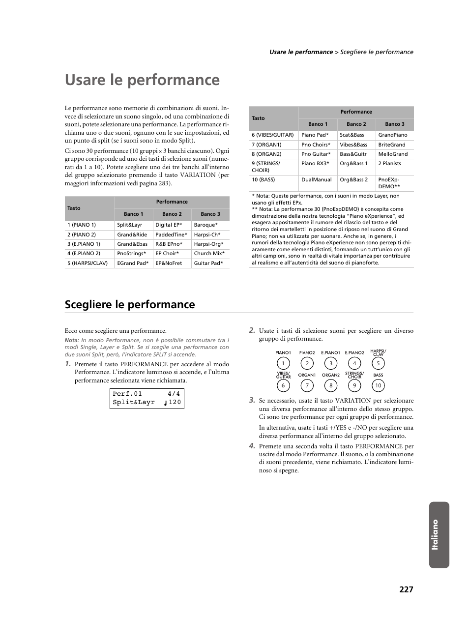 Usare le performance, Scegliere le performance, Italiano | KORG C-520 User Manual | Page 229 / 298