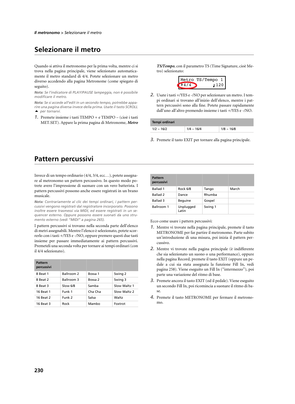 Selezionare il metro, Pattern percussivi, Selezionare il metro pattern percussivi | KORG C-520 User Manual | Page 232 / 298