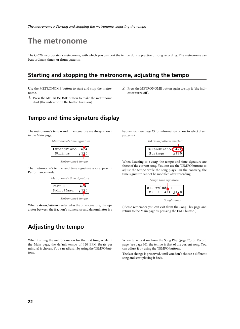The metronome, Tempo and time signature display, Adjusting the tempo | KORG C-520 User Manual | Page 24 / 298