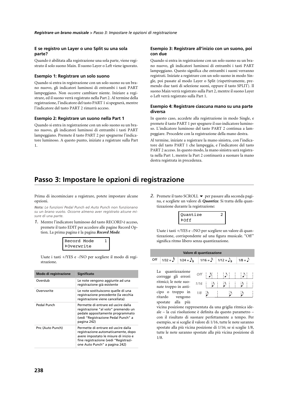Esempio 1: registrare un solo suono, Esempio 2: registrare un suono nella part 1, Passo 3: impostare le opzioni di registrazione | KORG C-520 User Manual | Page 240 / 298