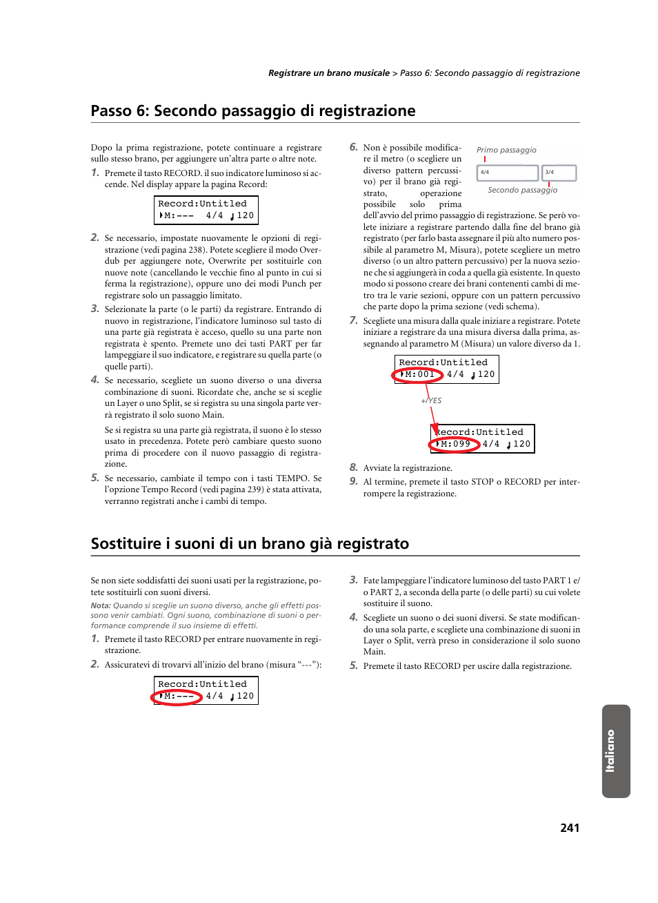 Passo 6: secondo passaggio di registrazione, Sostituire i suoni di un brano già registrato | KORG C-520 User Manual | Page 243 / 298