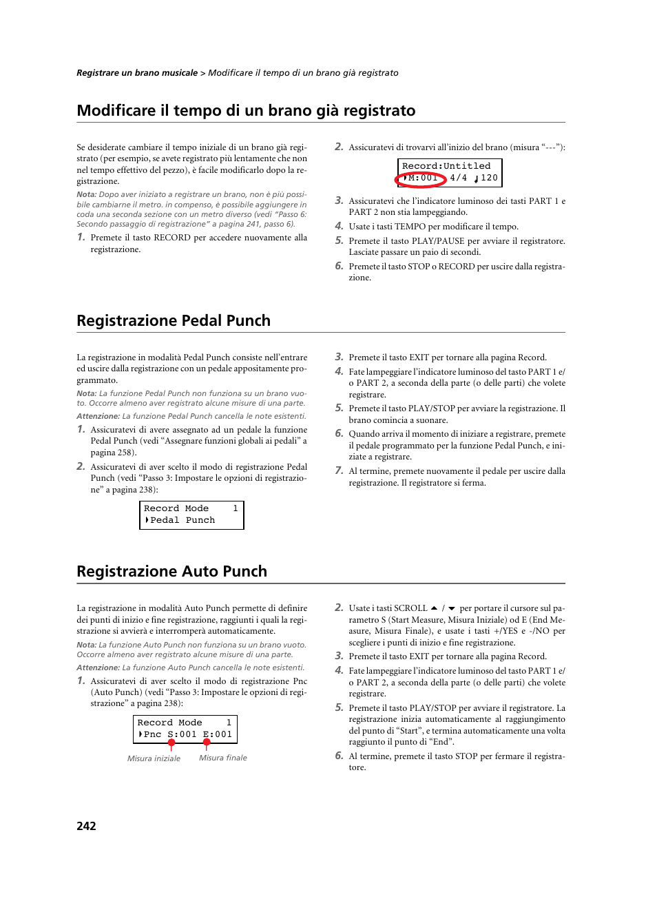 Modificare il tempo di un brano già registrato, Registrazione pedal punch, Registrazione auto punch | KORG C-520 User Manual | Page 244 / 298