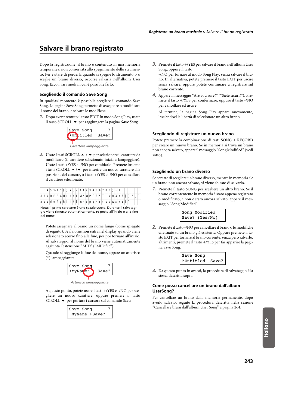 Salvare il brano registrato, Scegliendo il comando save song, Scegliendo di registrare un nuovo brano | Scegliendo un brano diverso, Come posso cancellare un brano dall’album usersong | KORG C-520 User Manual | Page 245 / 298