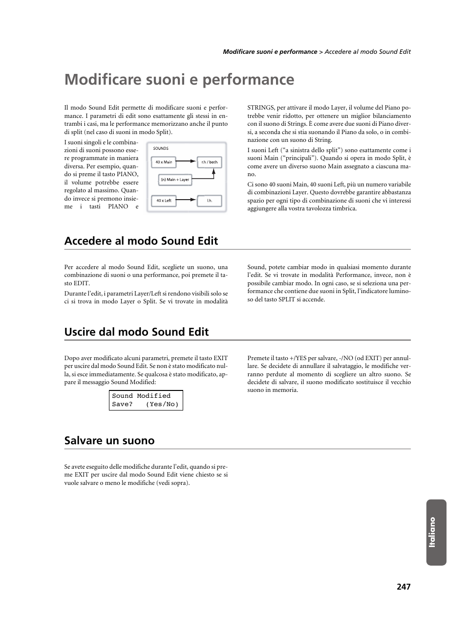 Modificare suoni e performance, Accedere al modo sound edit, Uscire dal modo sound edit | Salvare un suono, Uscire dal modo sound edit salvare un suono | KORG C-520 User Manual | Page 249 / 298