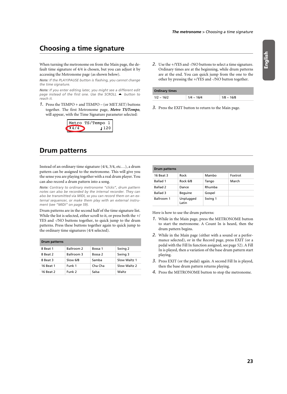 Choosing a time signature, Drum patterns, Choosing a time signature drum patterns | KORG C-520 User Manual | Page 25 / 298