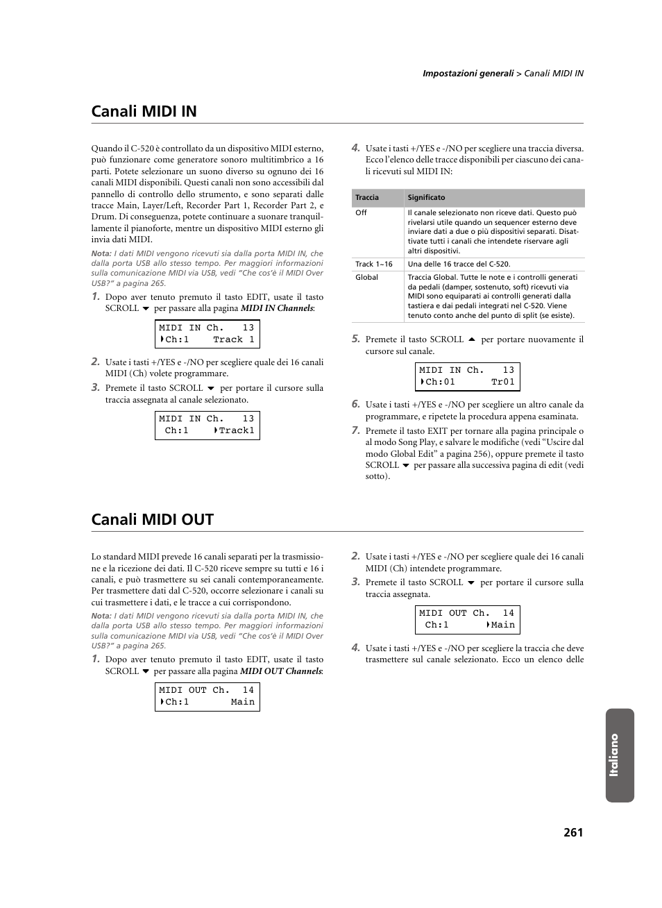 Canali midi in, Canali midi out, Canali midi in canali midi out | KORG C-520 User Manual | Page 263 / 298