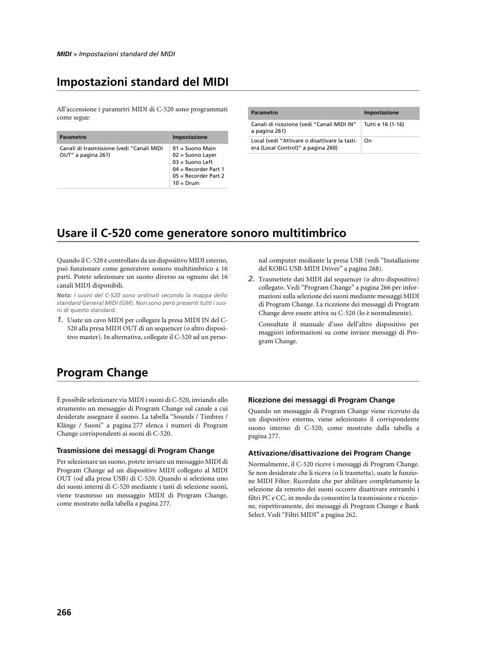 Impostazioni standard del midi, Program change, Trasmissione dei messaggi di program change | Ricezione dei messaggi di program change, Attivazione/disattivazione dei program change | KORG C-520 User Manual | Page 268 / 298