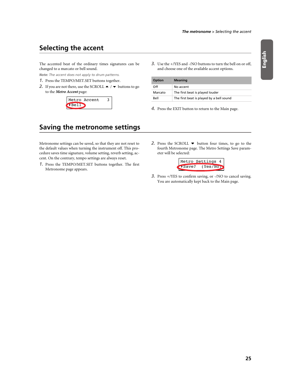 Selecting the accent, Saving the metronome settings, Selecting the accent saving the metronome settings | KORG C-520 User Manual | Page 27 / 298