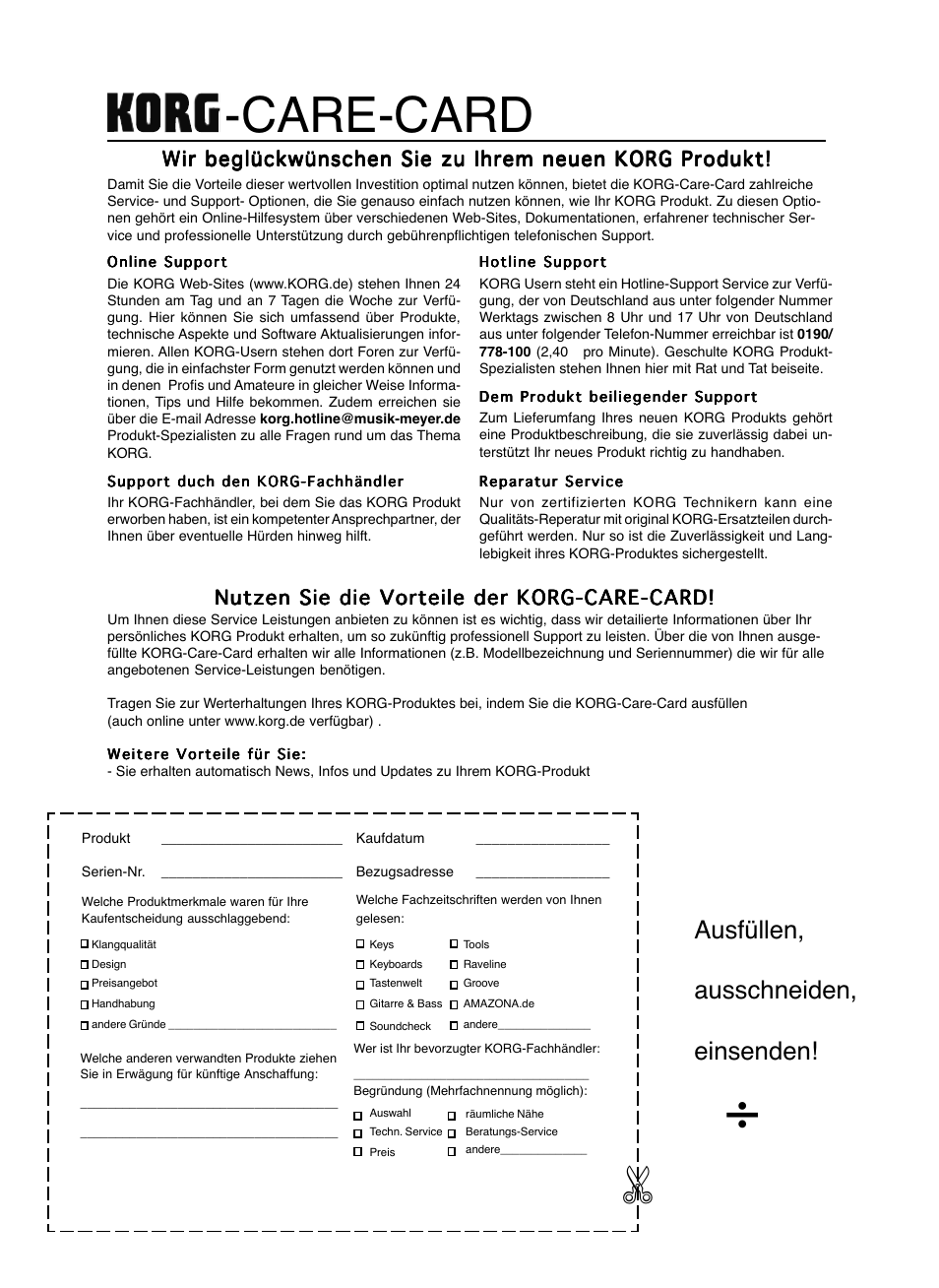 Care-card, Ausfüllen, ausschneiden, einsenden, Nutzen sie die vorteile der korg-care-card | KORG C-520 User Manual | Page 294 / 298