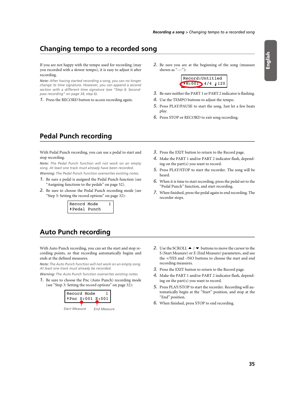 Changing tempo to a recorded song, Pedal punch recording, Auto punch recording | KORG C-520 User Manual | Page 37 / 298