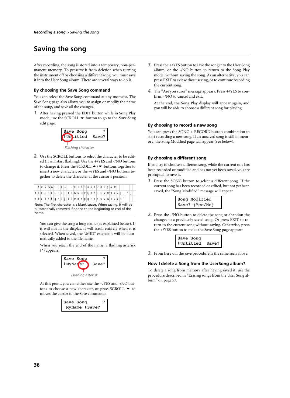 Saving the song, By choosing the save song command, By choosing to record a new song | By choosing a different song, How i delete a song from the usersong album | KORG C-520 User Manual | Page 38 / 298