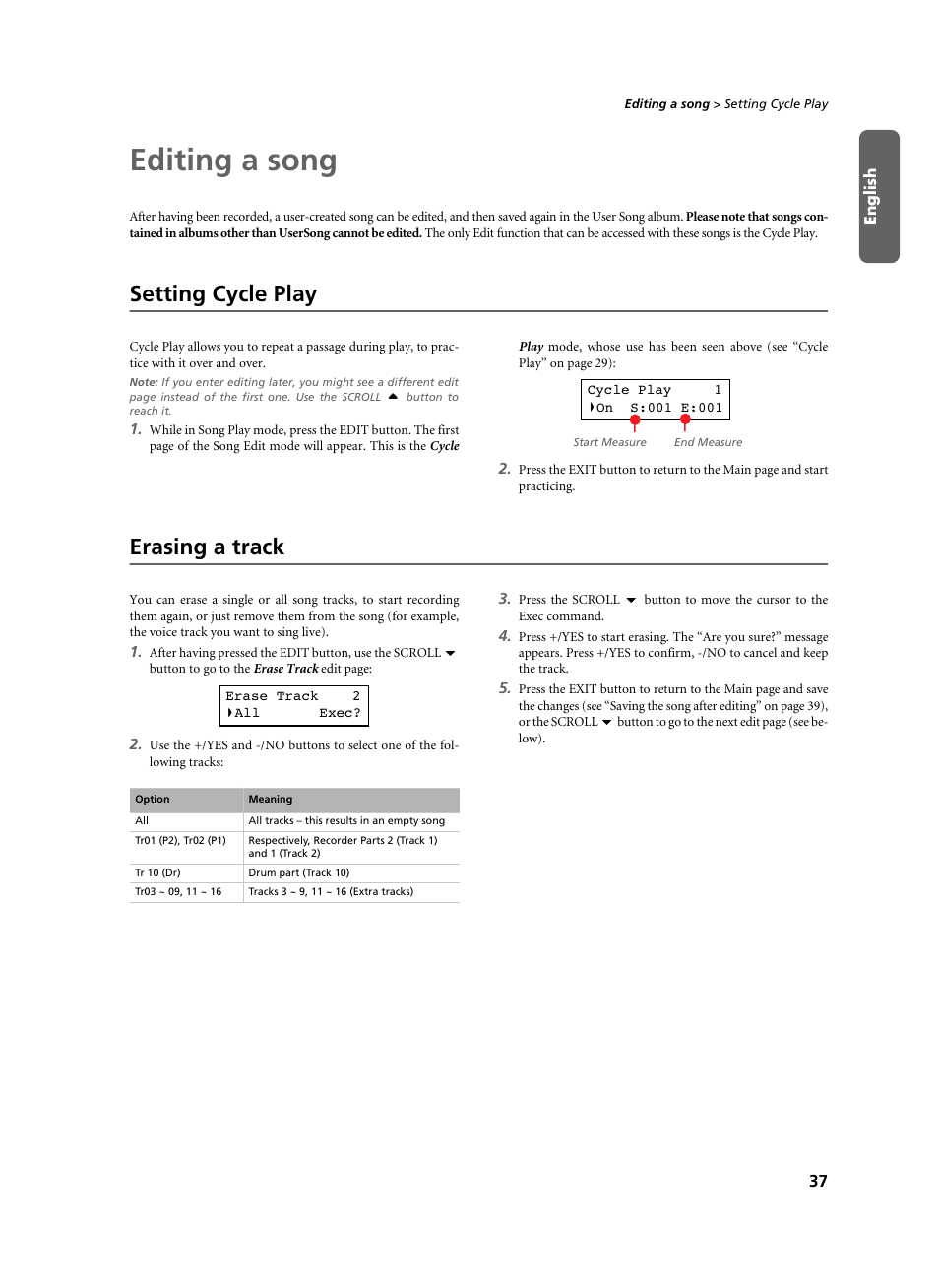 Editing a song, Setting cycle play, Erasing a track | Setting cycle play erasing a track | KORG C-520 User Manual | Page 39 / 298