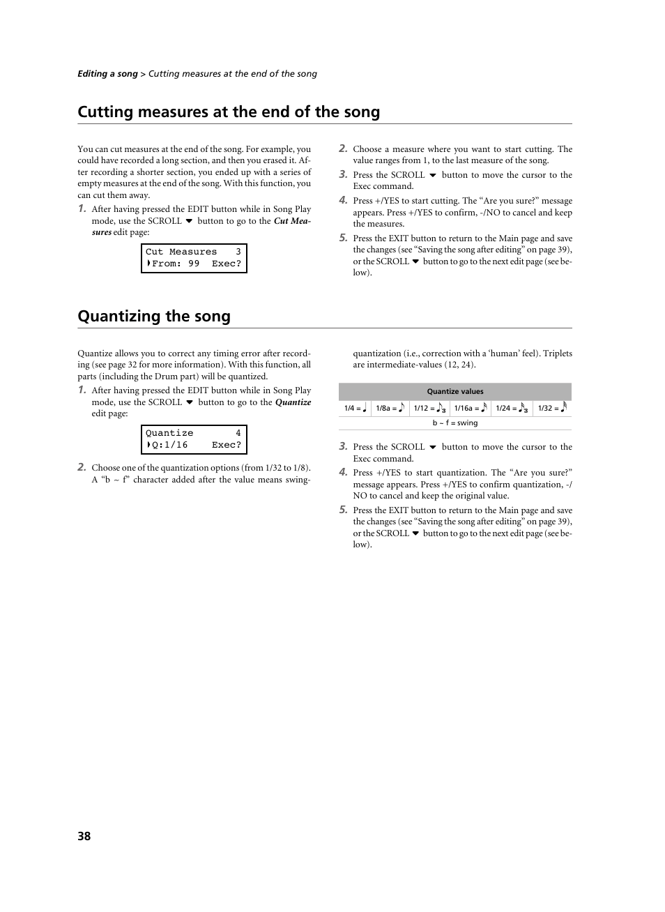 Cutting measures at the end of the song, Quantizing the song | KORG C-520 User Manual | Page 40 / 298