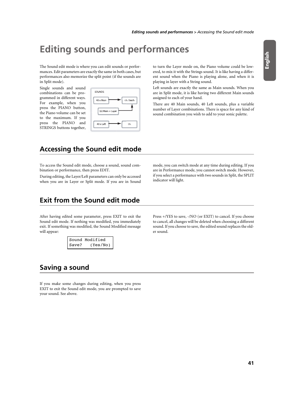 Editing sounds and performances, Accessing the sound edit mode, Exit from the sound edit mode | Saving a sound | KORG C-520 User Manual | Page 43 / 298