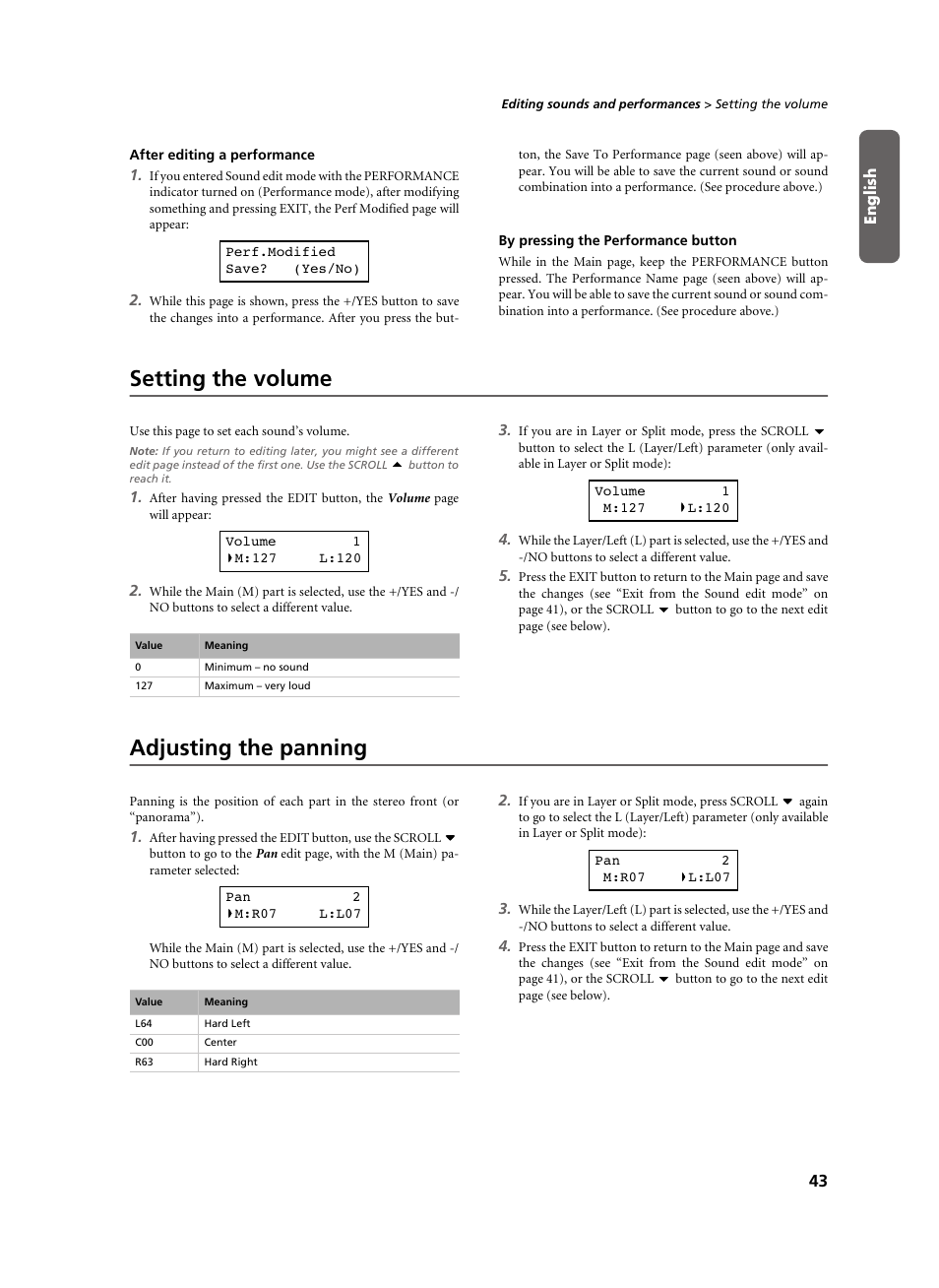 After editing a performance, By pressing the performance button, Setting the volume | Adjusting the panning, Setting the volume adjusting the panning | KORG C-520 User Manual | Page 45 / 298