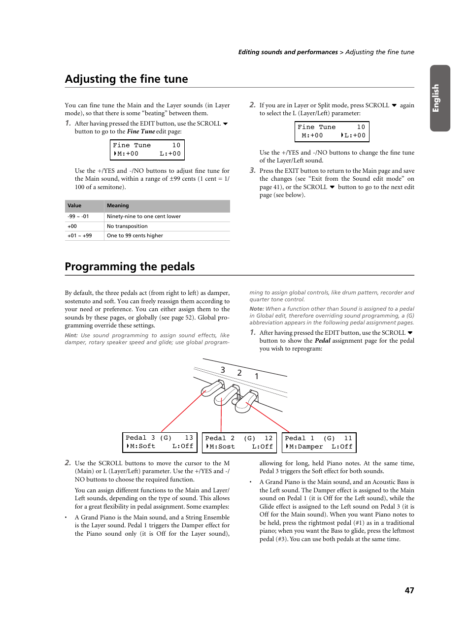 Adjusting the fine tune, Programming the pedals, Adjusting the fine tune programming the pedals | KORG C-520 User Manual | Page 49 / 298