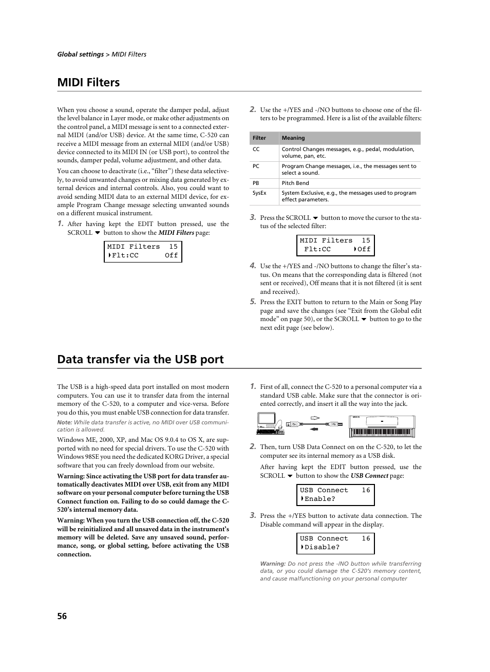 Midi filters, Data transfer via the usb port, Midi filters data transfer via the usb port | KORG C-520 User Manual | Page 58 / 298