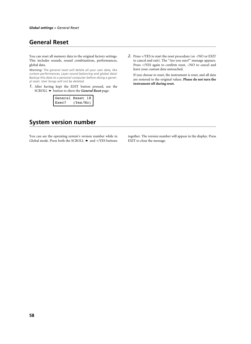 General reset, System version number, General reset system version number | KORG C-520 User Manual | Page 60 / 298