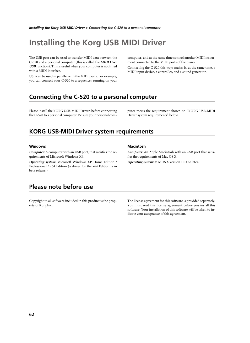 Installing the korg usb midi driver, Connecting the c-520 to a personal computer, Korg usb-midi driver system requirements | Windows, Macintosh, Please note before use | KORG C-520 User Manual | Page 64 / 298