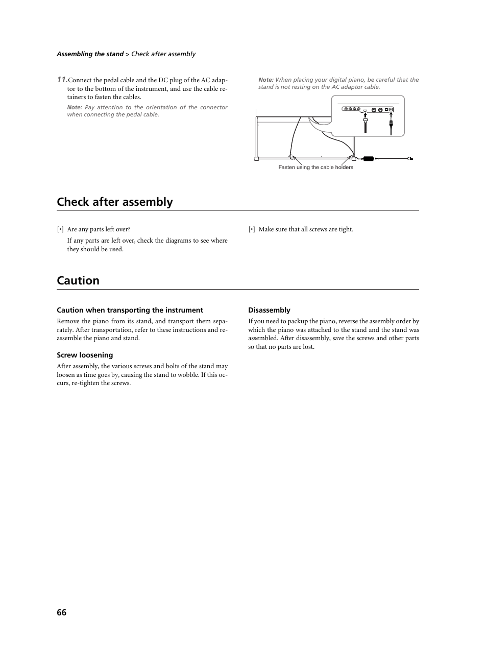 Check after assembly, Caution, Caution when transporting the instrument | Screw loosening, Disassembly, Check after assembly caution | KORG C-520 User Manual | Page 68 / 298
