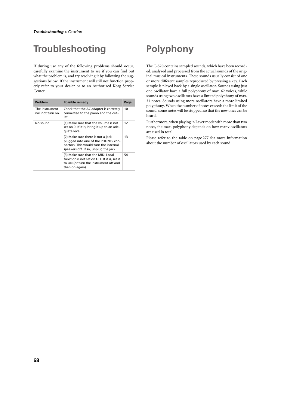 Troubleshooting, Polyphony | KORG C-520 User Manual | Page 70 / 298