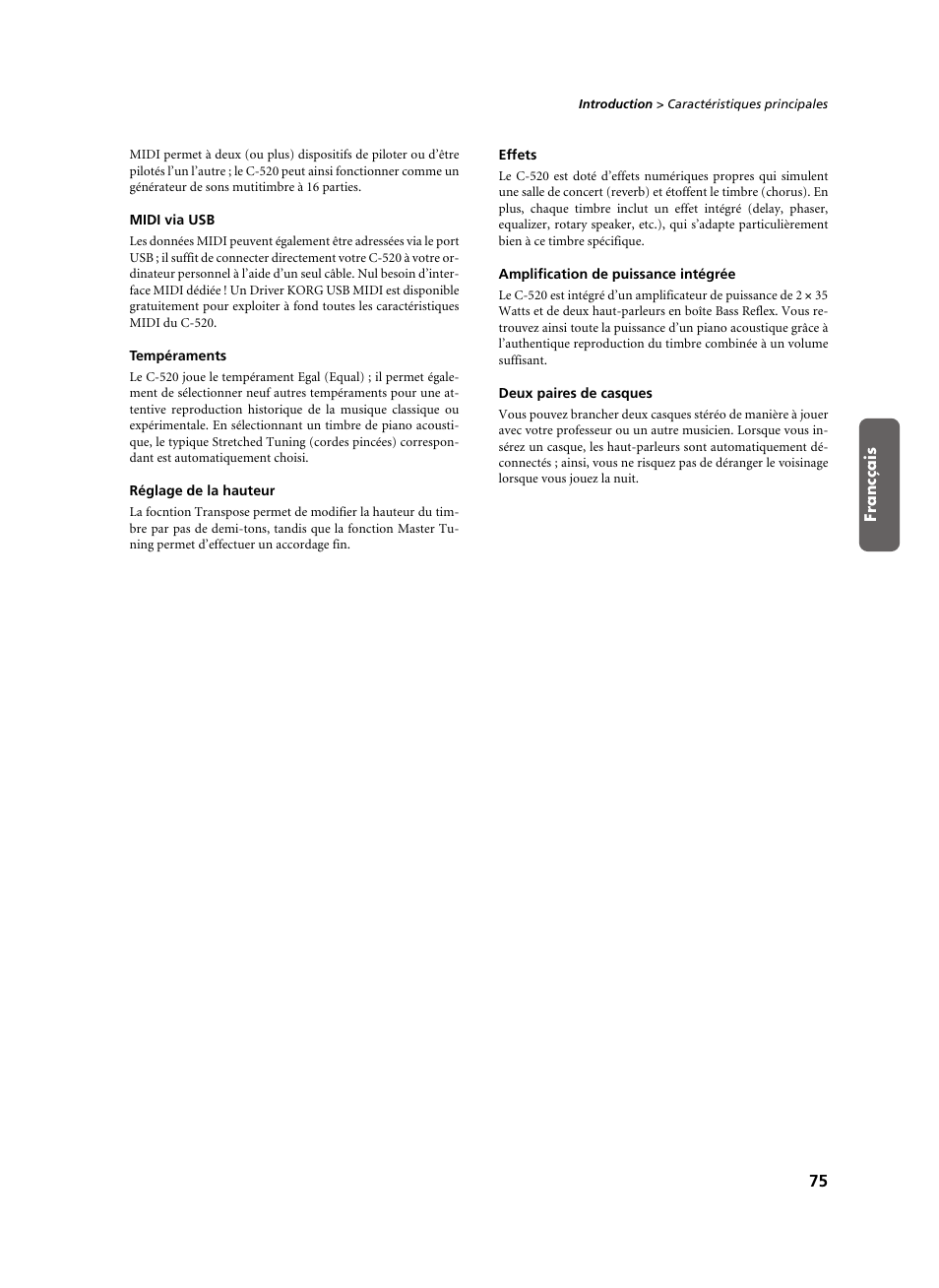 Midi via usb, Tempéraments, Réglage de la hauteur | Effets, Amplification de puissance intégrée, Deux paires de casques | KORG C-520 User Manual | Page 77 / 298