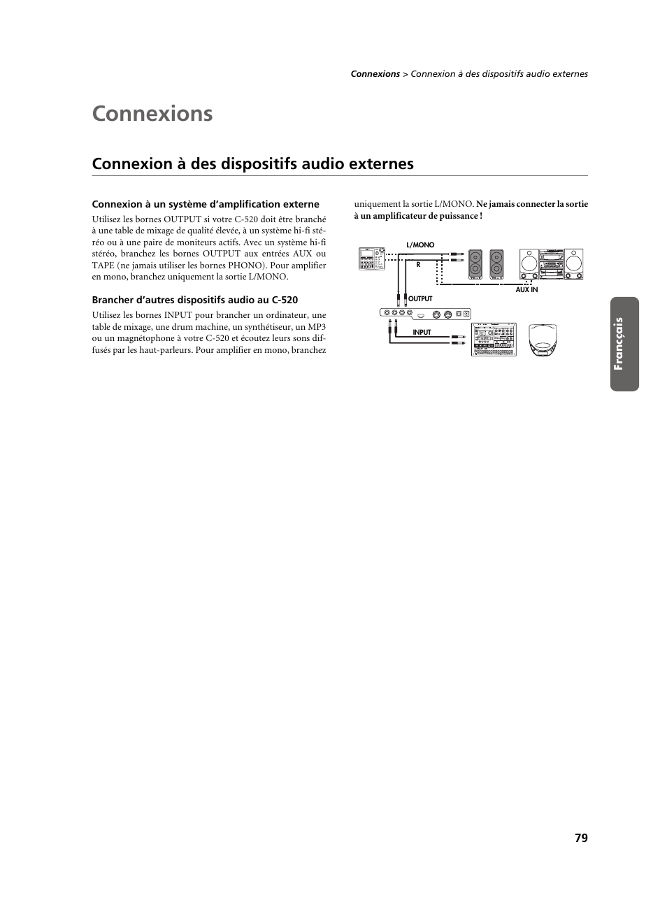 Connexions, Connexion à des dispositifs audio externes, Connexion à un système d’amplification externe | Brancher d’autres dispositifs audio au c-520 | KORG C-520 User Manual | Page 81 / 298