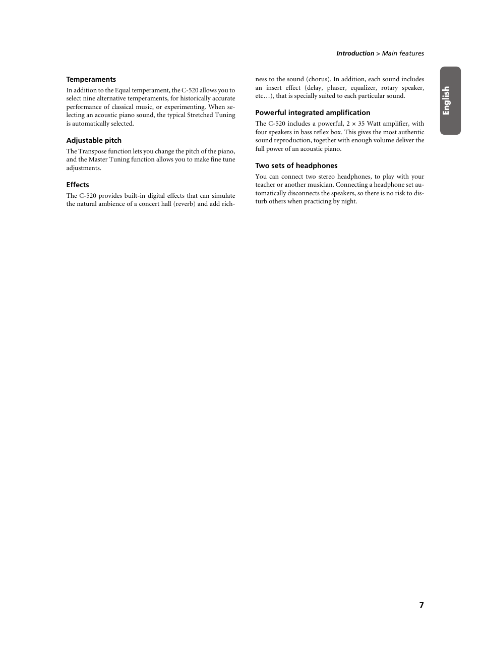 Temperaments, Adjustable pitch, Effects | Powerful integrated amplification, Two sets of headphones | KORG C-520 User Manual | Page 9 / 298