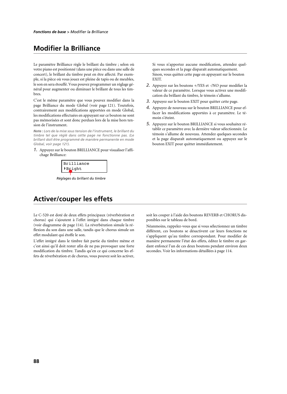 Modifier la brilliance, Activer/couper les effets, Modifier la brilliance activer/couper les effets | KORG C-520 User Manual | Page 90 / 298