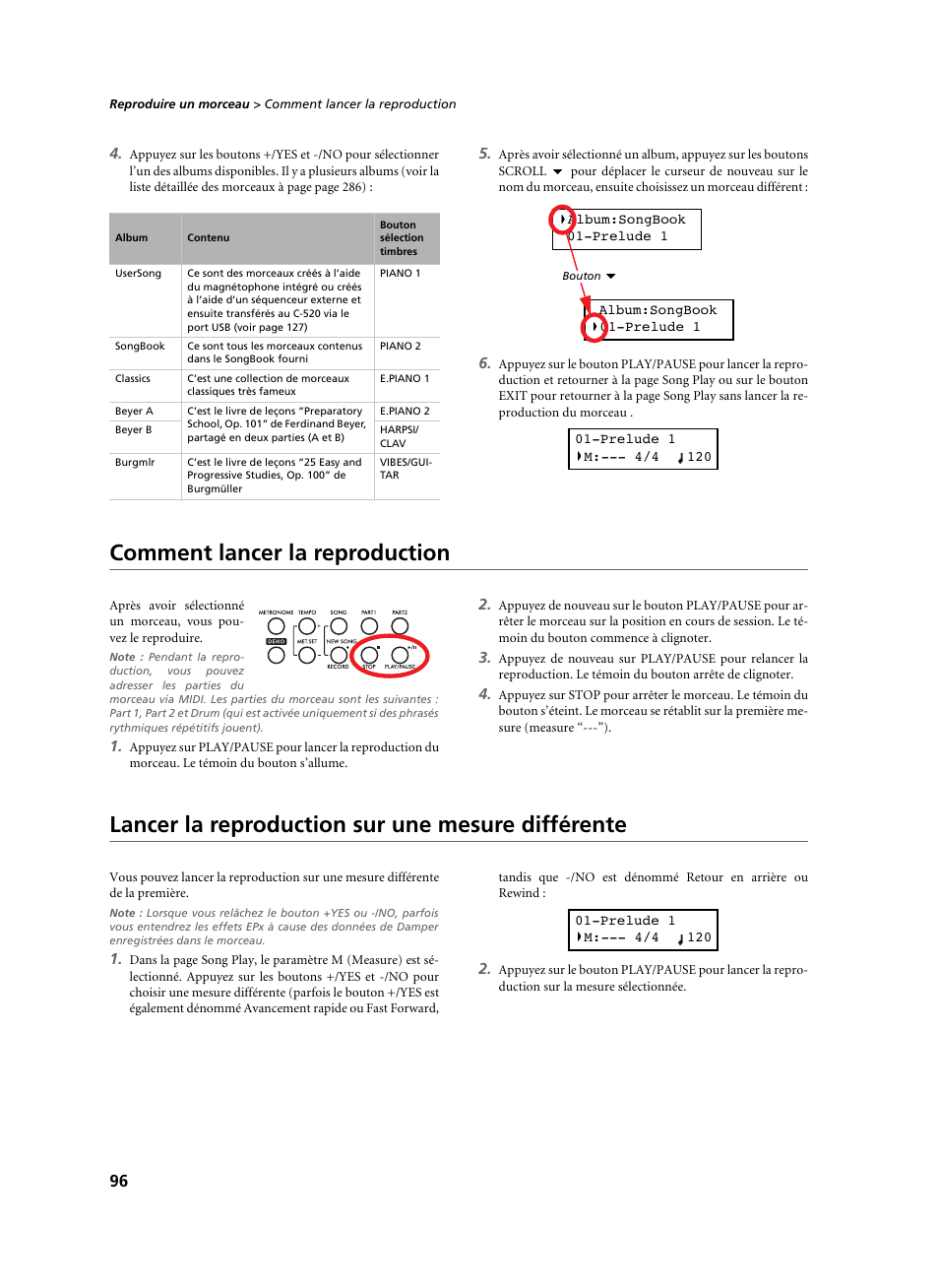 Comment lancer la reproduction, Lancer la reproduction sur une mesure différente | KORG C-520 User Manual | Page 98 / 298